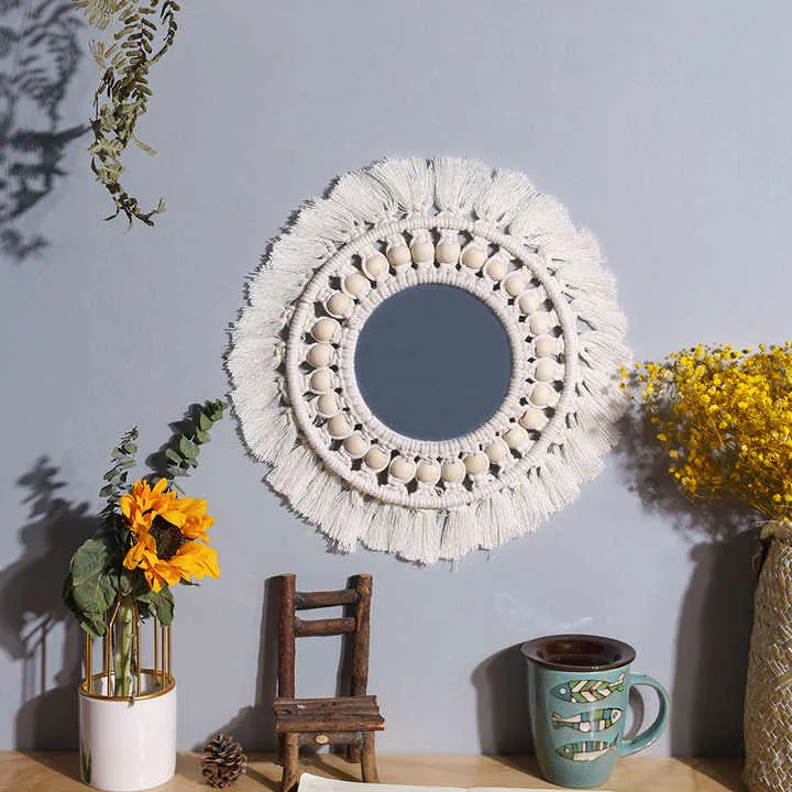 ديكور منزلي بوهيمي مكرمي ديكوري معلق على . Bohemian Macrame Home Decor Wall Hanging Mirror Art