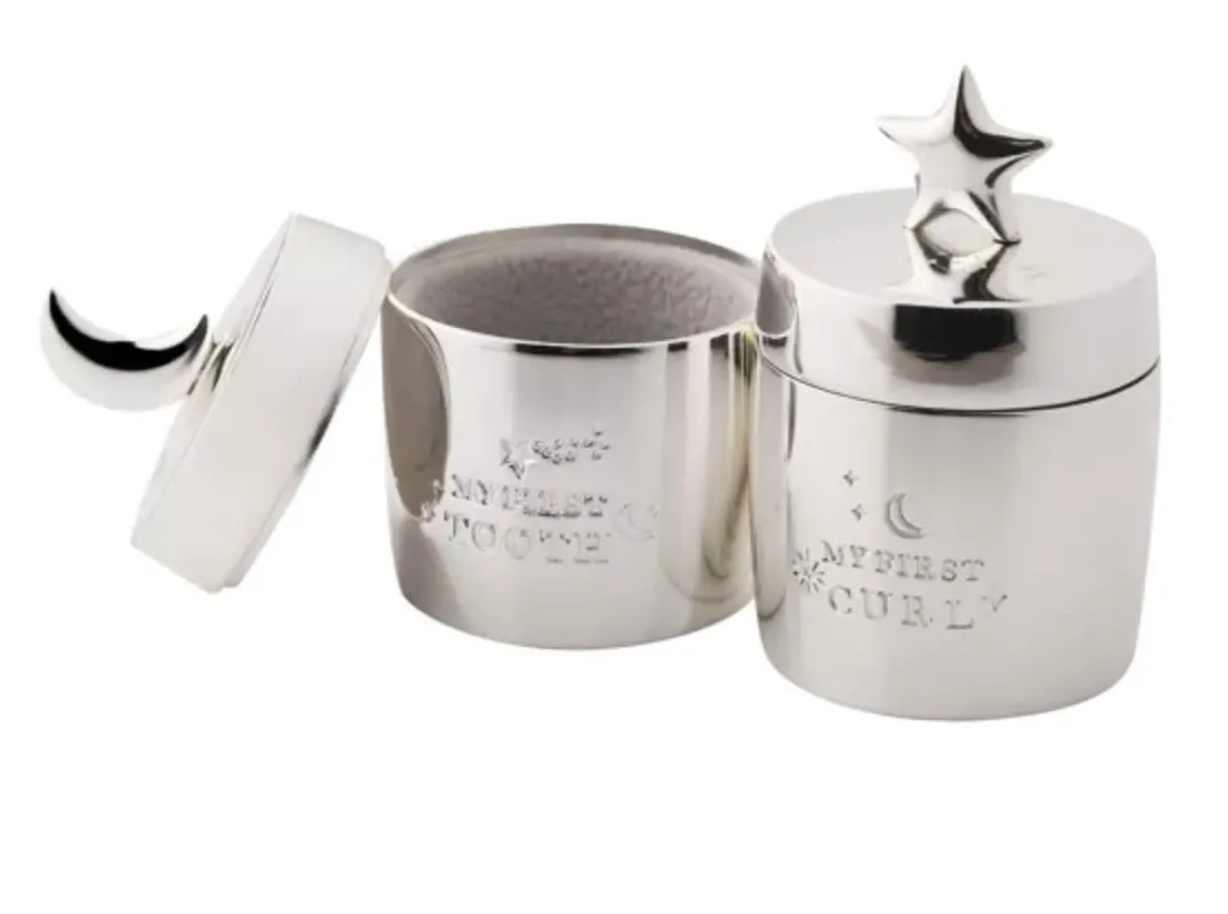 BAMBINO SILVER PLATED TOOTH & CURL STAR AND MOON KEEPSAKE BOXES