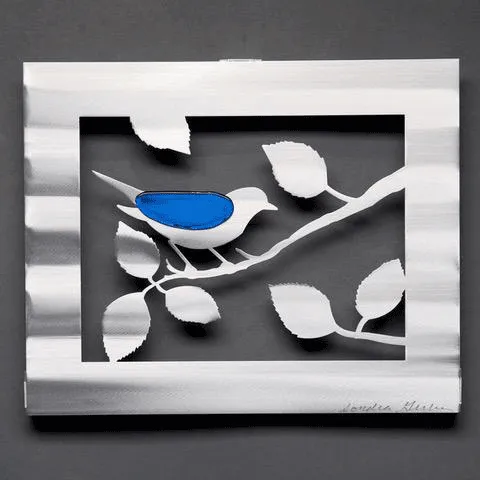 Bird with Leaves in Red or Blue Wall Art Hand Painted Brushed Aluminum Wall Sculptures, Metal Petal Art by Sondra Gerber