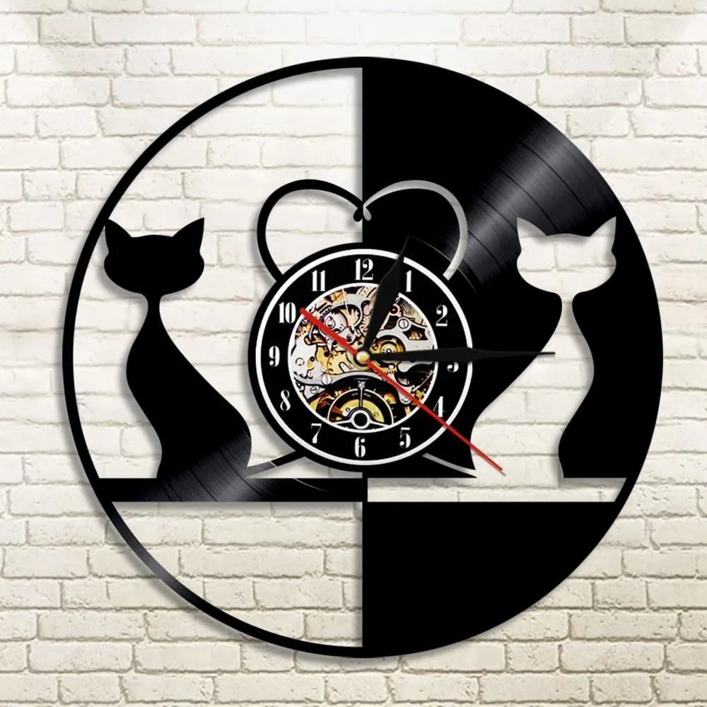 Cats Couple Modern Led Vinyl Record Wall Clock Black Cats Silhouette Kittens