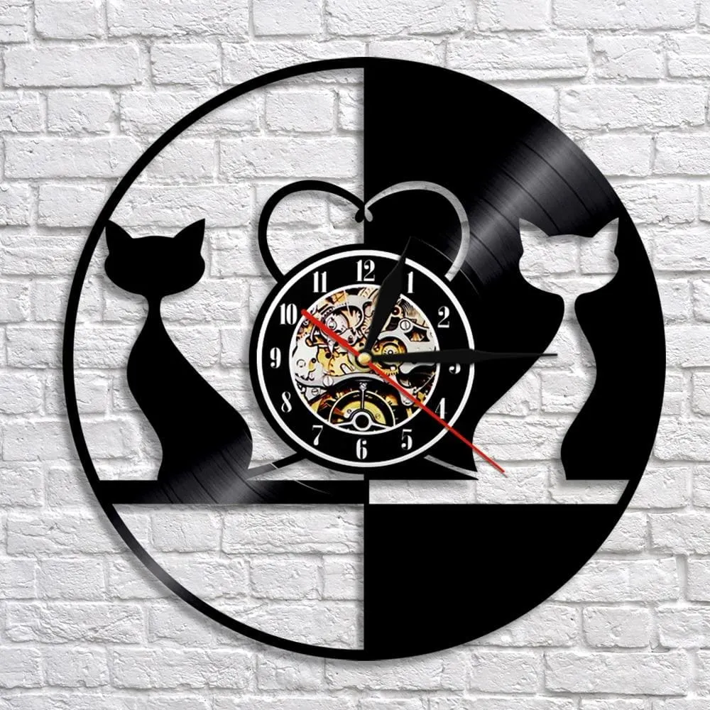 Cats Couple Modern Led Vinyl Record Wall Clock Black Cats Silhouette Kittens