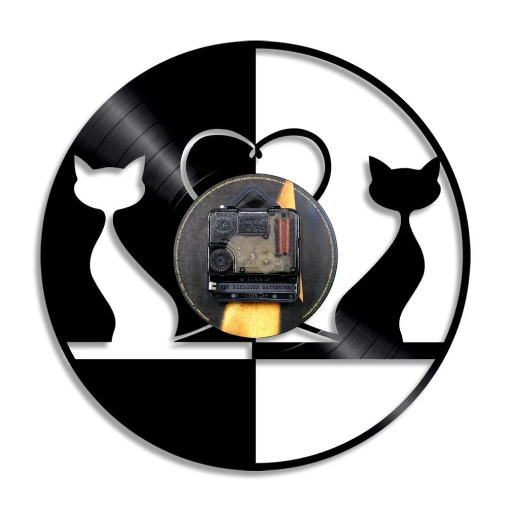 Cats Couple Modern Led Vinyl Record Wall Clock Black Cats Silhouette Kittens