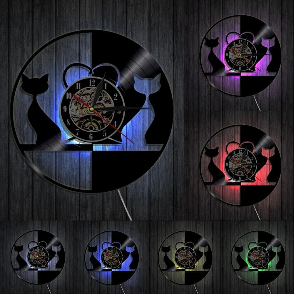 Cats Couple Modern Led Vinyl Record Wall Clock Black Cats Silhouette Kittens