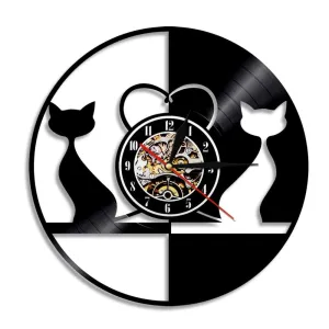 Cats Couple Modern Led Vinyl Record Wall Clock Black Cats Silhouette Kittens
