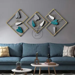 Design World Gifts And Interiors Multicolor Decorative Metal Wall Art Decor Sculpture Set Of 3 For Living Room (Peepal Leaf, Geometrical)