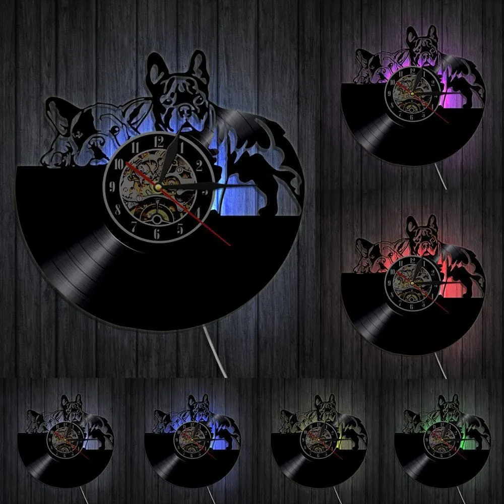 French Bulldog Couple Wall Art Home Decor Wall Clock Made of Vinyl Record Modern