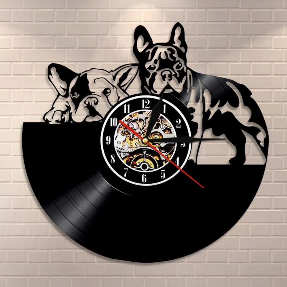 French Bulldog Couple Wall Art Home Decor Wall Clock Made of Vinyl Record Modern