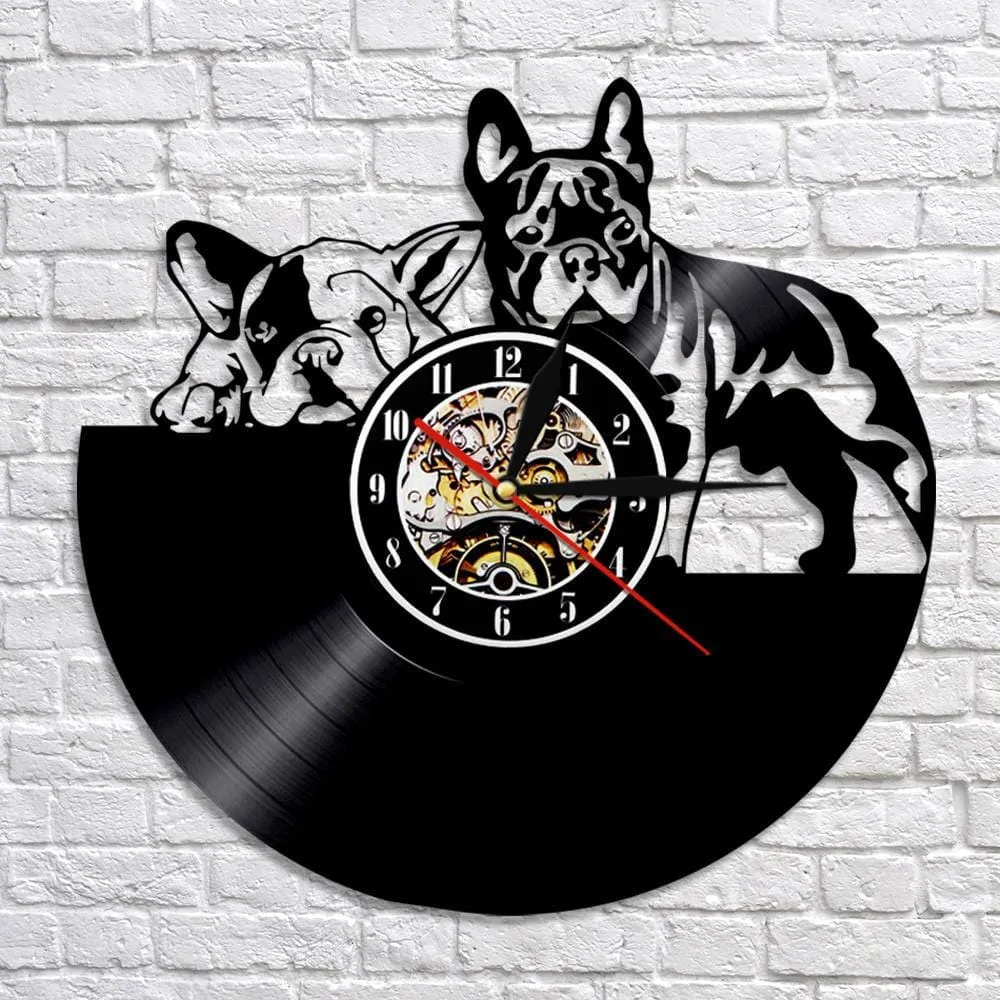 French Bulldog Couple Wall Art Home Decor Wall Clock Made of Vinyl Record Modern