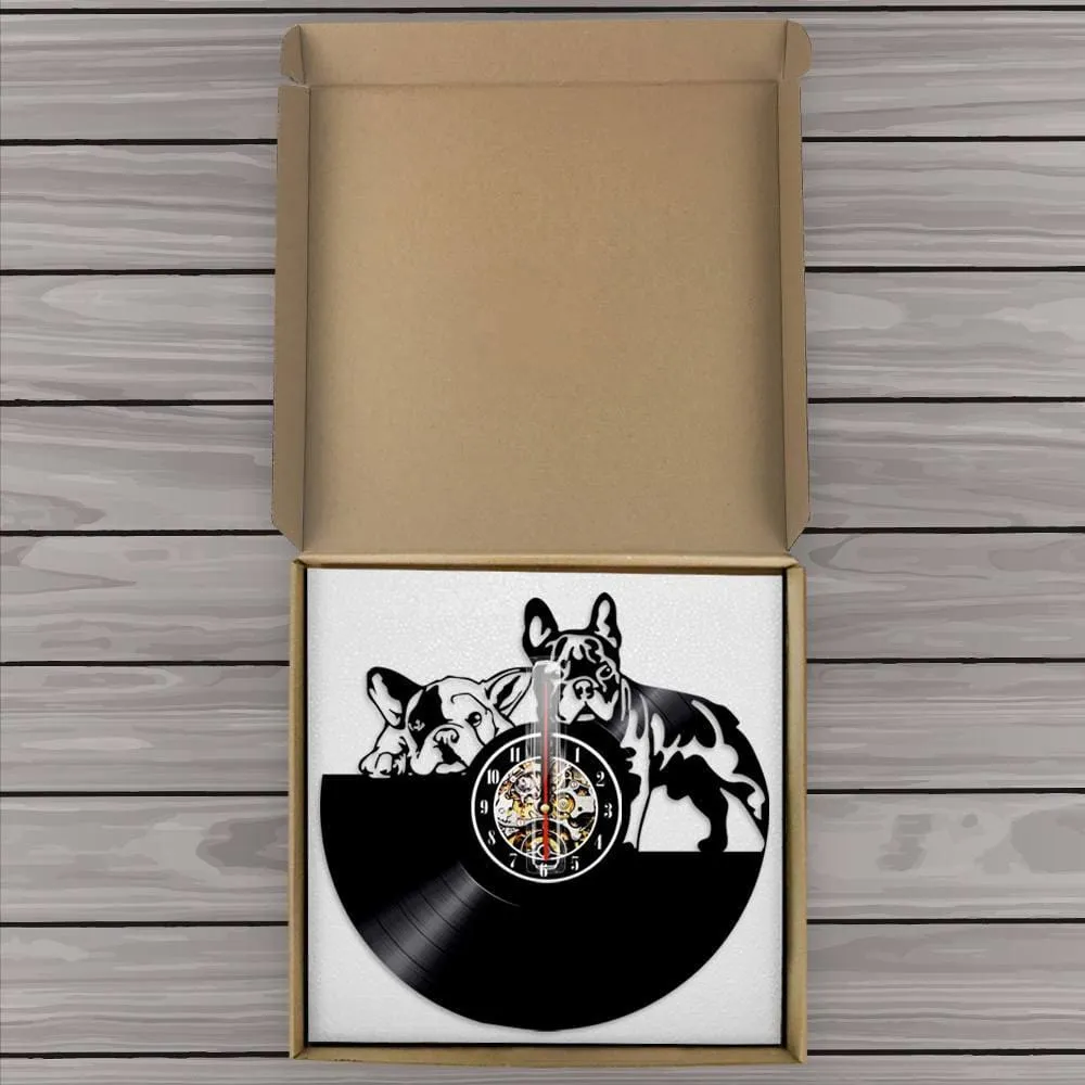 French Bulldog Couple Wall Art Home Decor Wall Clock Made of Vinyl Record Modern