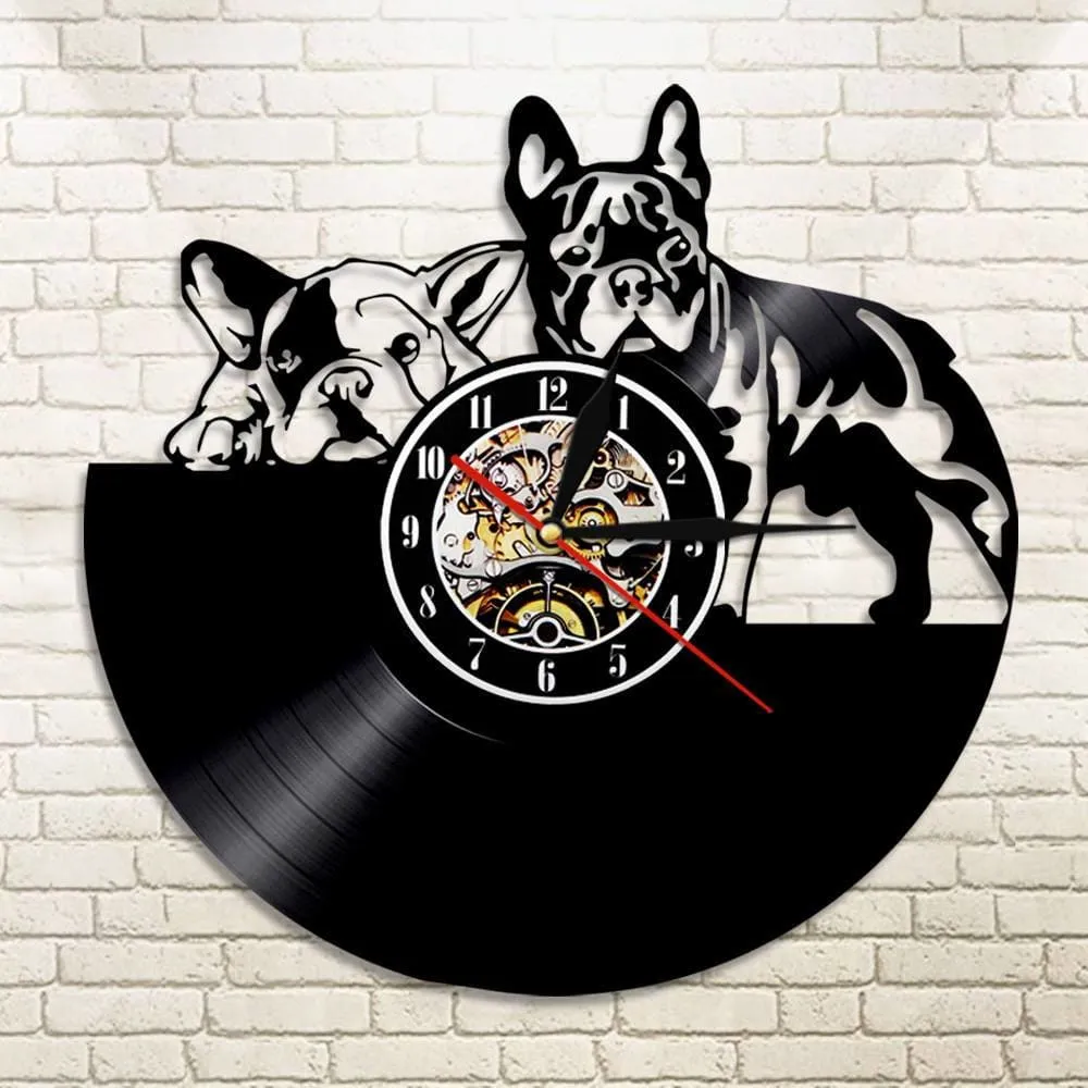 French Bulldog Couple Wall Art Home Decor Wall Clock Made of Vinyl Record Modern