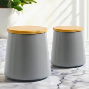 Gleevers Ceramic Jar with Bamboo Lid 500 ml | Multipurpose Kitchen Storage Set | Air-tight Containers | Kitchen Gift Items | Wedding Gift, Gift for Housewarming | Pack of 2 | Grey