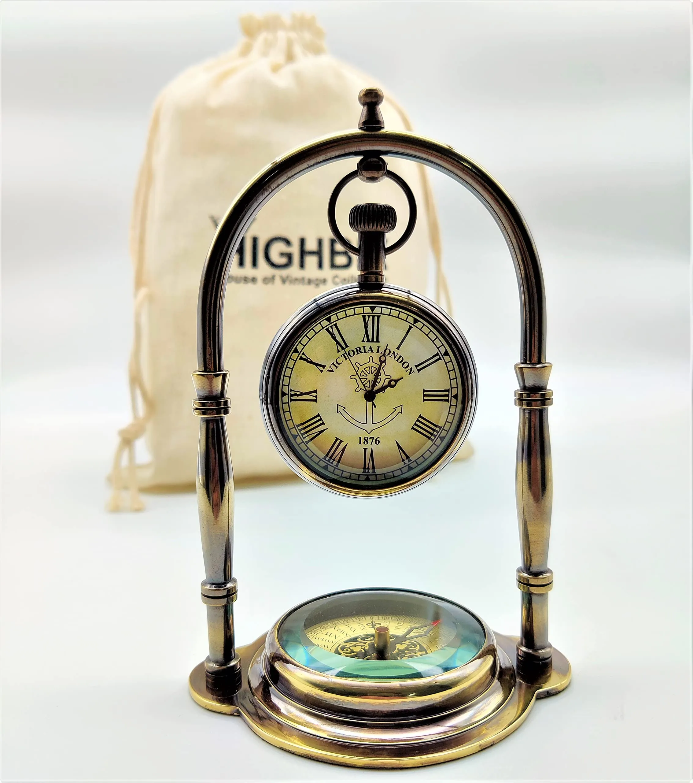 HIGHBIX Antique Victoria London Table Clock with Maritime Vintage Brass Compass (Brown)