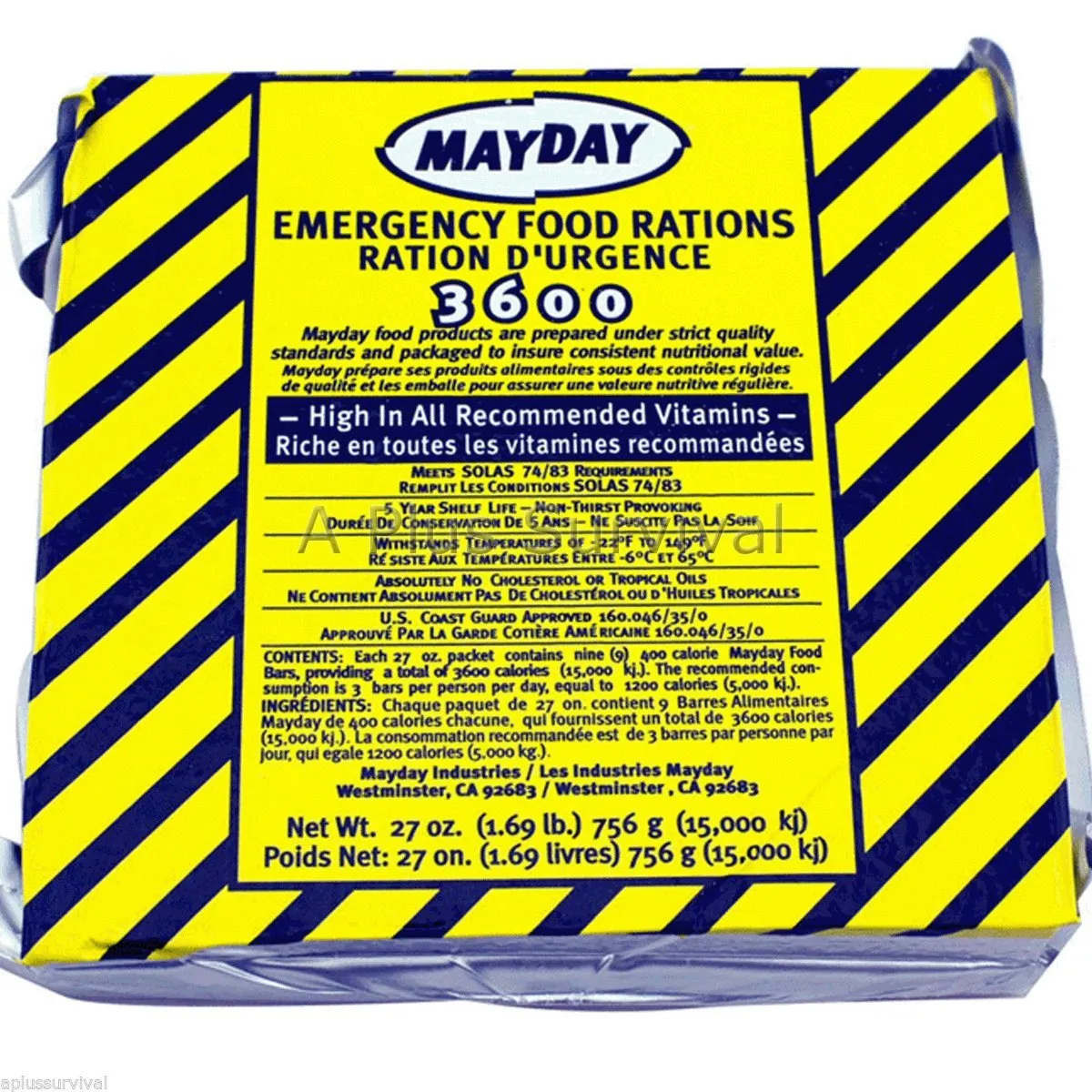 Mayday 9 Meals 3 Day 3600 Calorie Emergency Survival Food Bar Ration Car Kit Bug Out