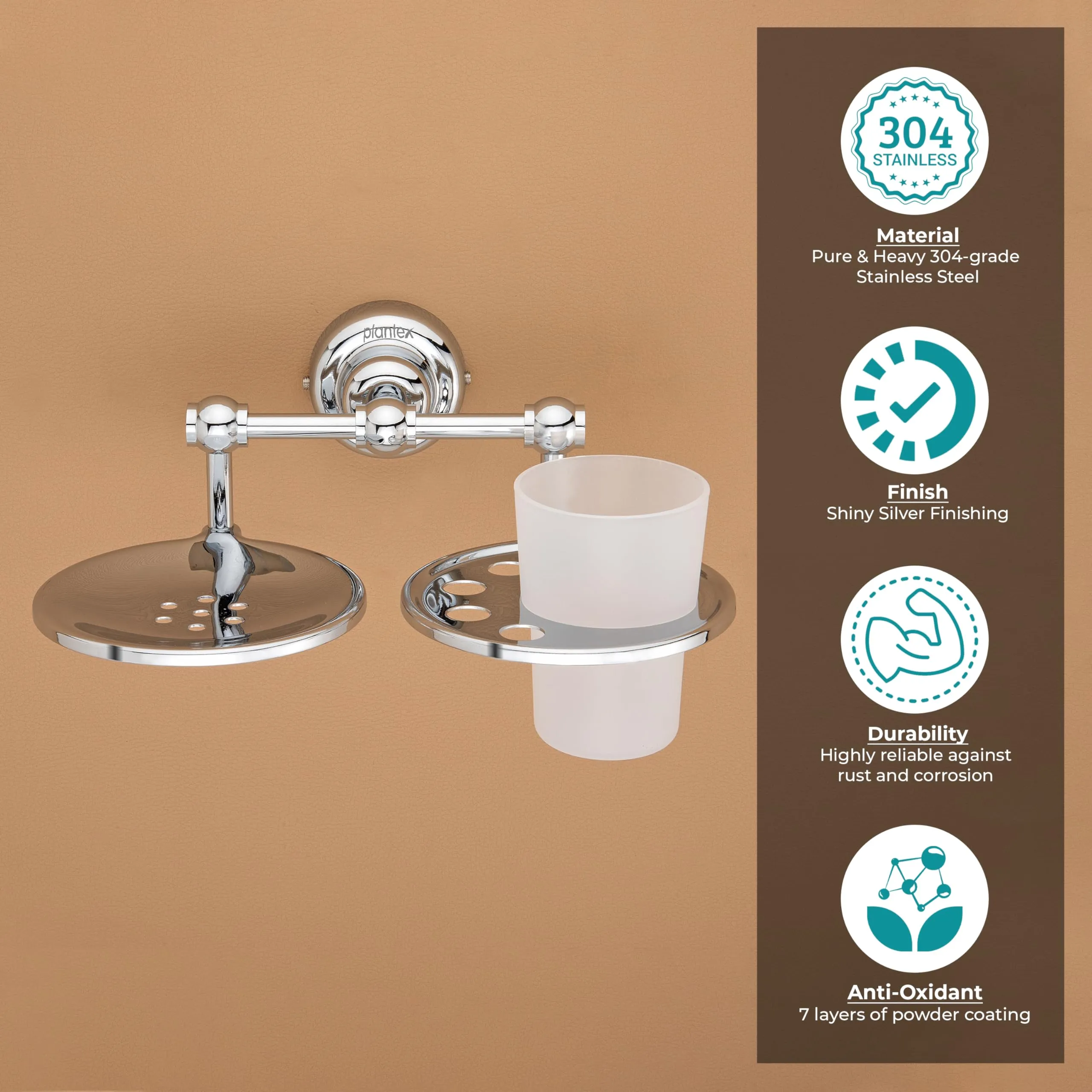 Plantex 304 Grade Stainless Steel 2in1 Soap Dish with Tumbler Holder/Soap Stand/Tooth Brush Holder/Bathroom Accessories Pack of 4, Skyllo (Chrome)