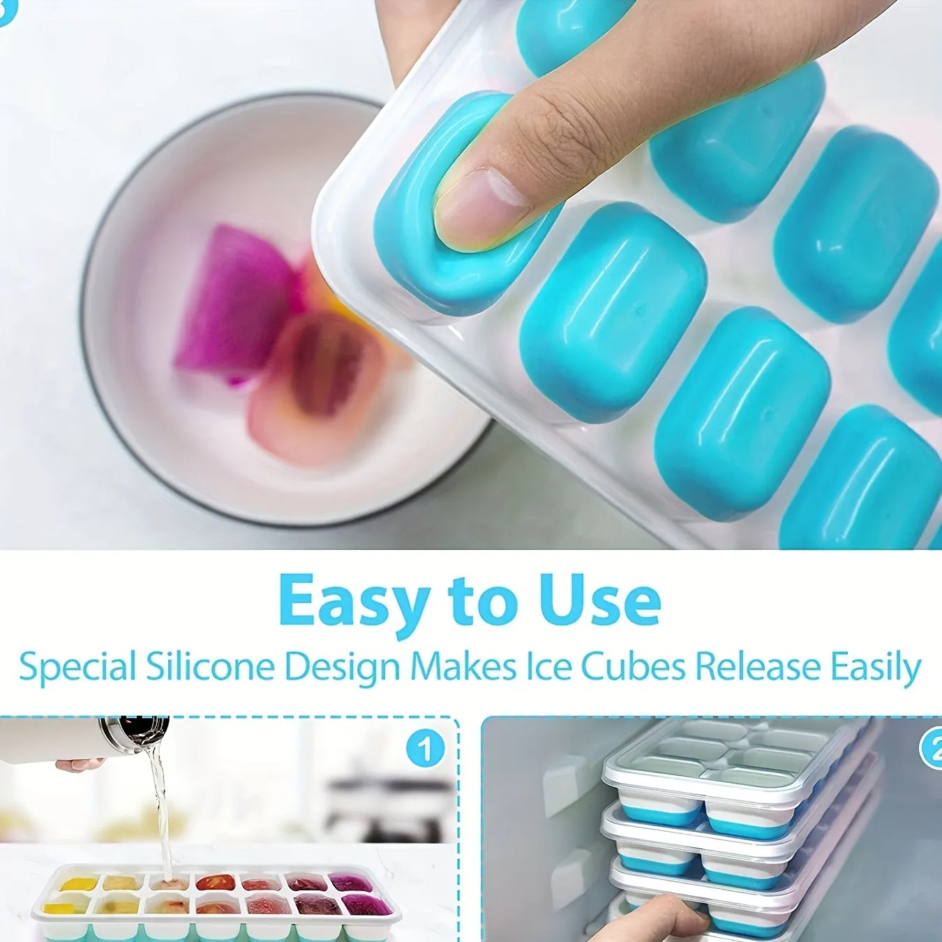 Silicone Ice Cube Trays with Lid EasyRelease Stackable Design