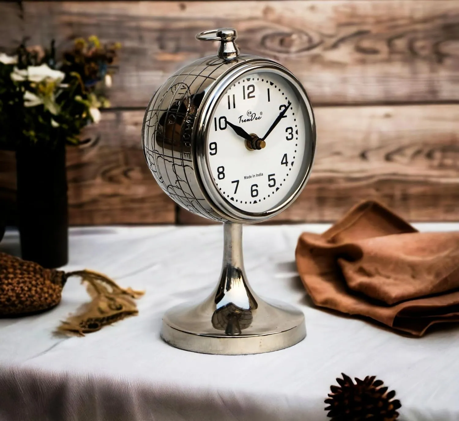 TrenDec Globe Shape Table Clock | Clock Showpieces | Home Decor Item | Table Clock | ShowPiece for Home Decor | Decorative Showpiece for Livingtoom Office & Bedroom | Tableware Decorative Item Silver