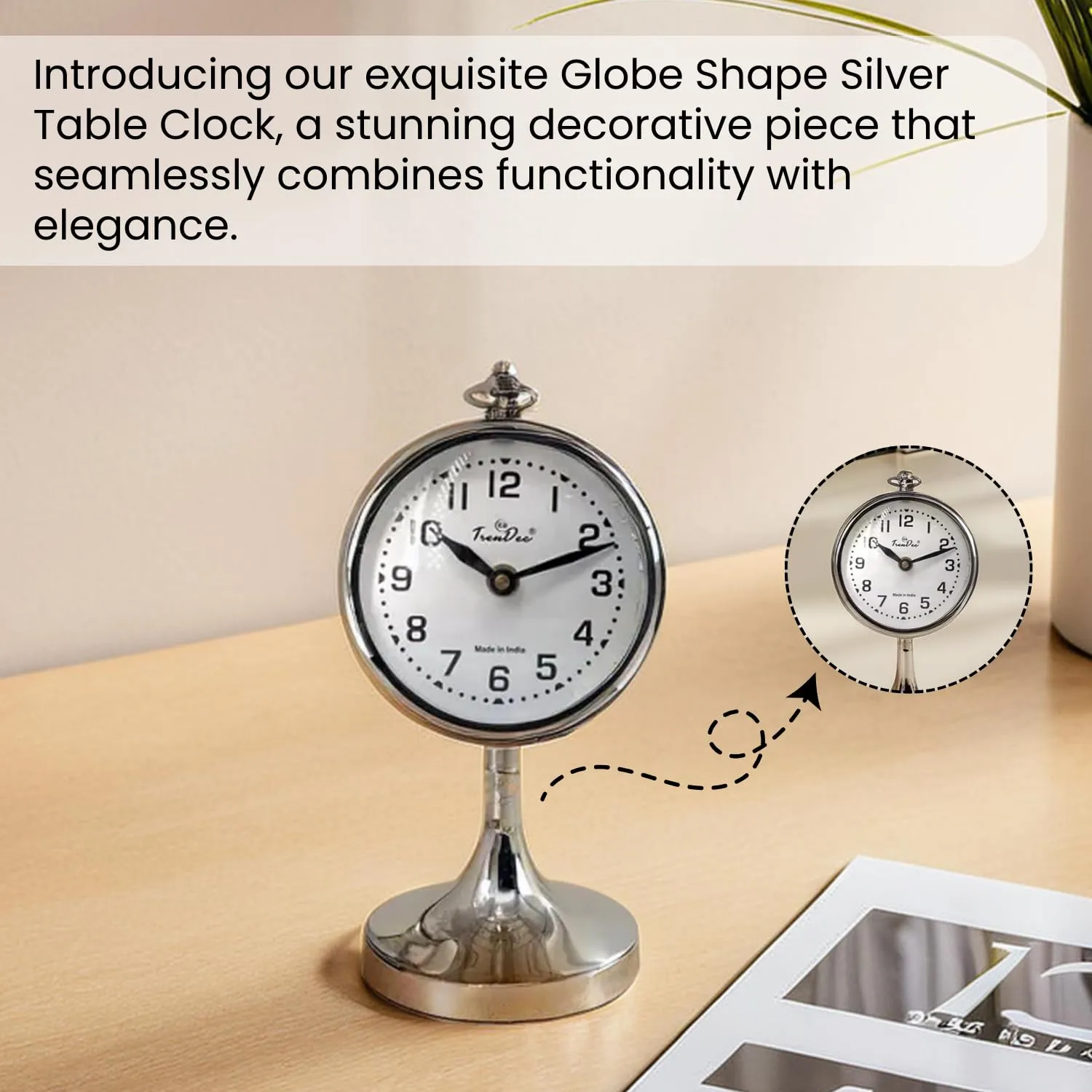 TrenDec Globe Shape Table Clock | Clock Showpieces | Home Decor Item | Table Clock | ShowPiece for Home Decor | Decorative Showpiece for Livingtoom Office & Bedroom | Tableware Decorative Item Silver