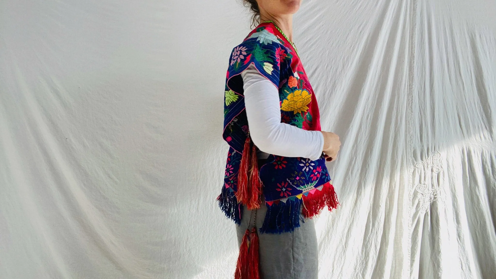 Vintage Zinacantan Men's Poncho Tassels . Mayan. Chiapas Mexico. Hand-Woven & Embroidered. Rare