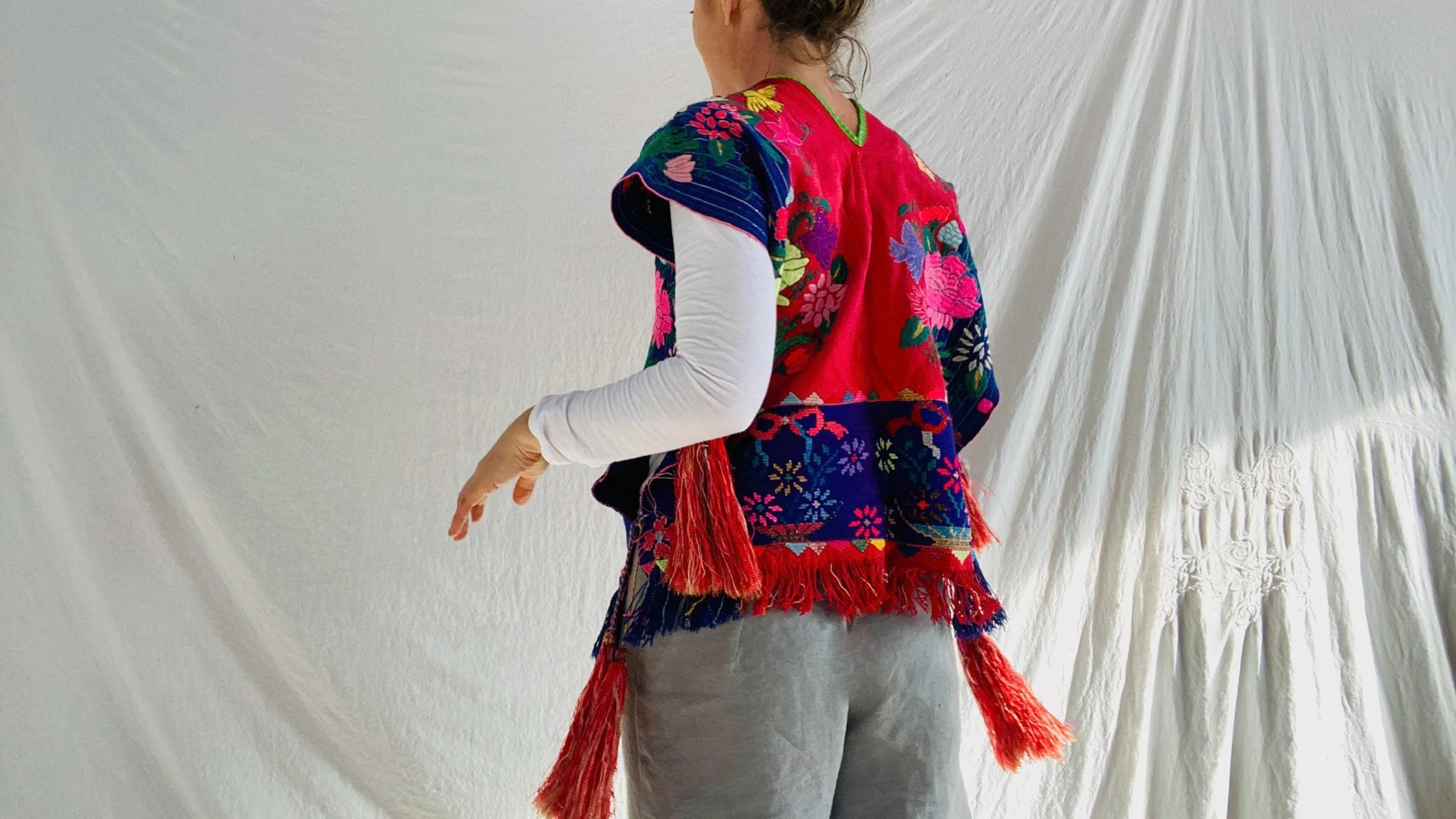 Vintage Zinacantan Men's Poncho Tassels . Mayan. Chiapas Mexico. Hand-Woven & Embroidered. Rare
