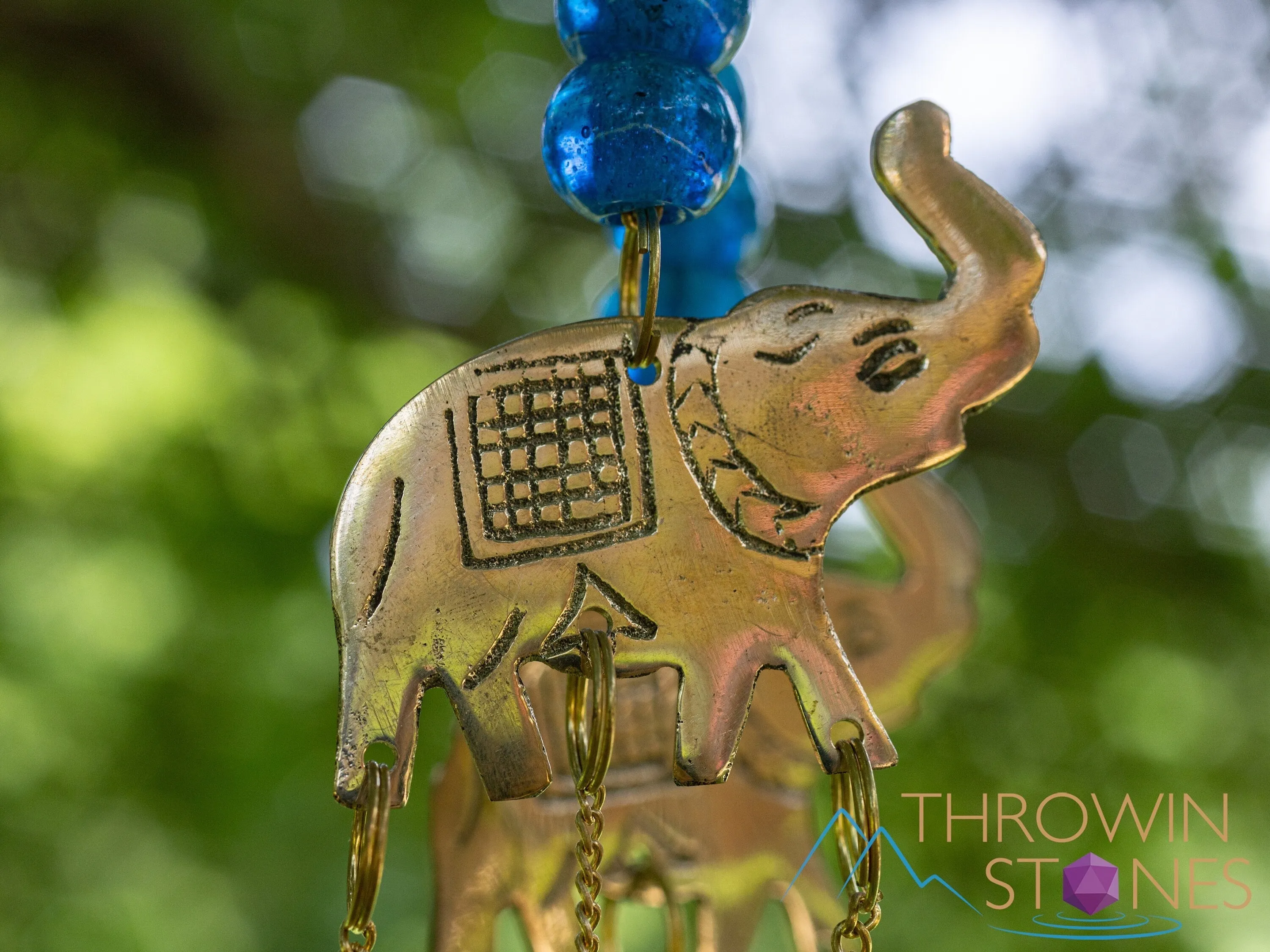 WIND CHIME - Elephant, Glass Beads, Gold Brass, Bells - Windchime for Outdoors, Home Decor, E2126